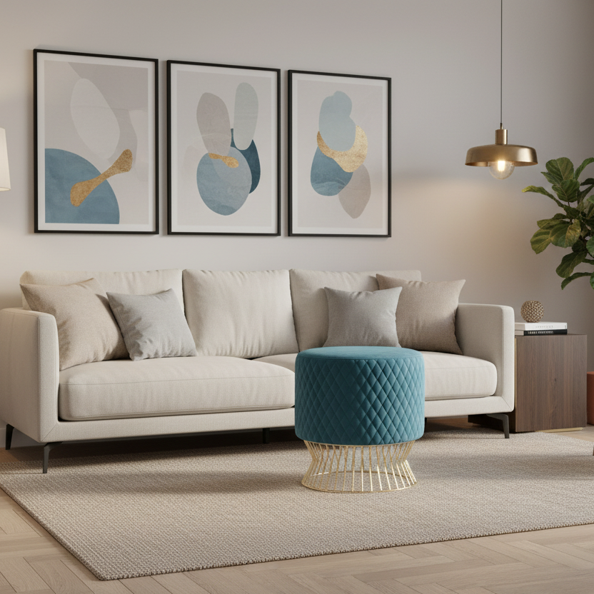 Modern living room with a beige sofa, blue ottoman, and abstract art on the wall.