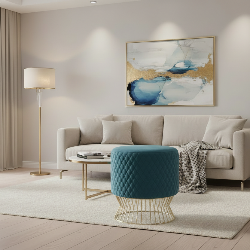 Modern living room with a beige sofa, blue ottoman, and abstract art on the wall.