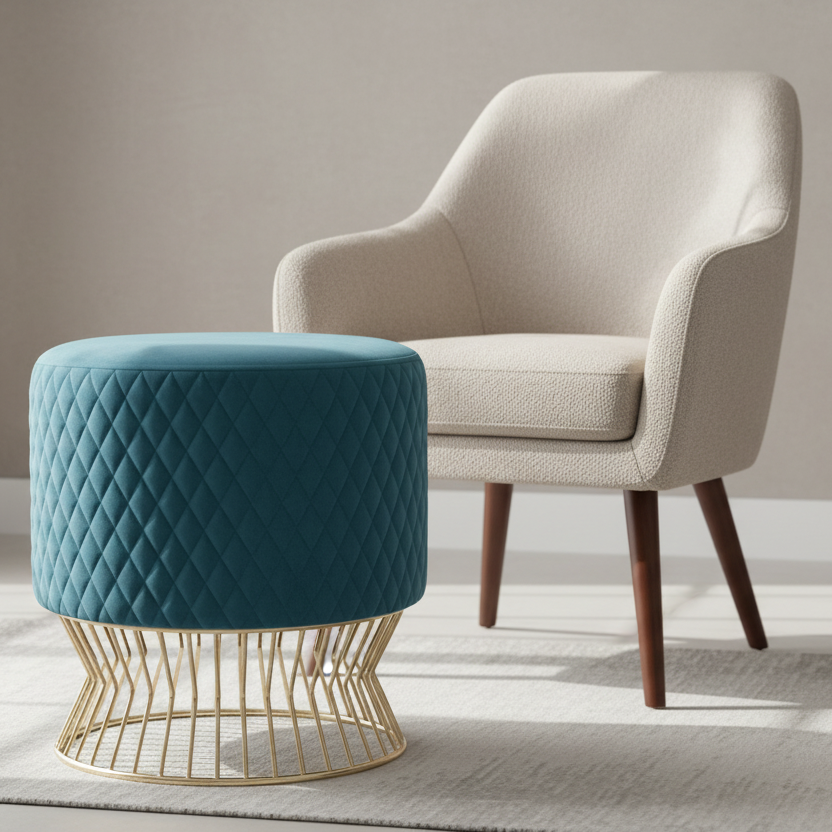 Beige armchair and teal ottoman with gold base on a light gray background