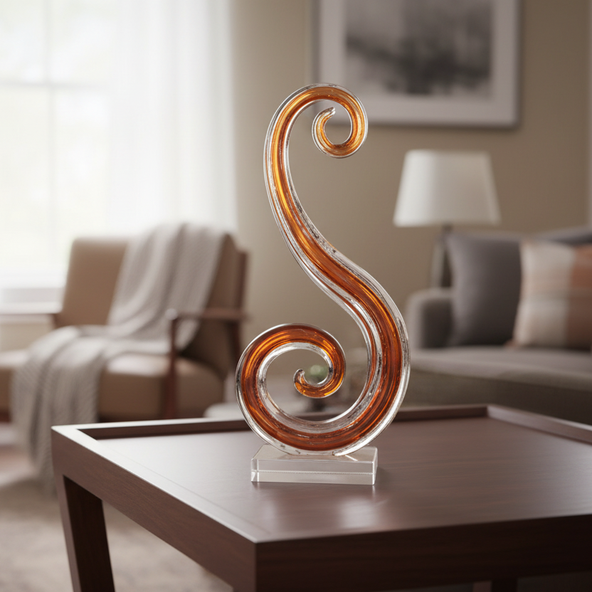 Decorative swirl sculpture on a coffee table in a living room setting