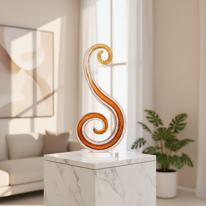 Decorative sculpture on a marble pedestal in a modern living room.