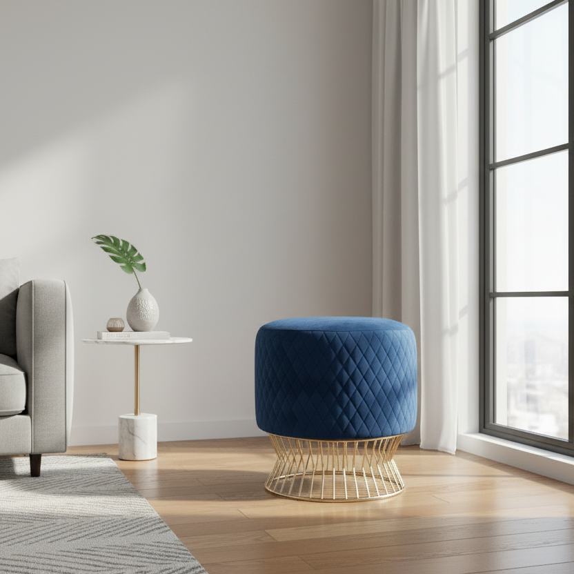 Blue ottoman with gold base in a modern living room setting