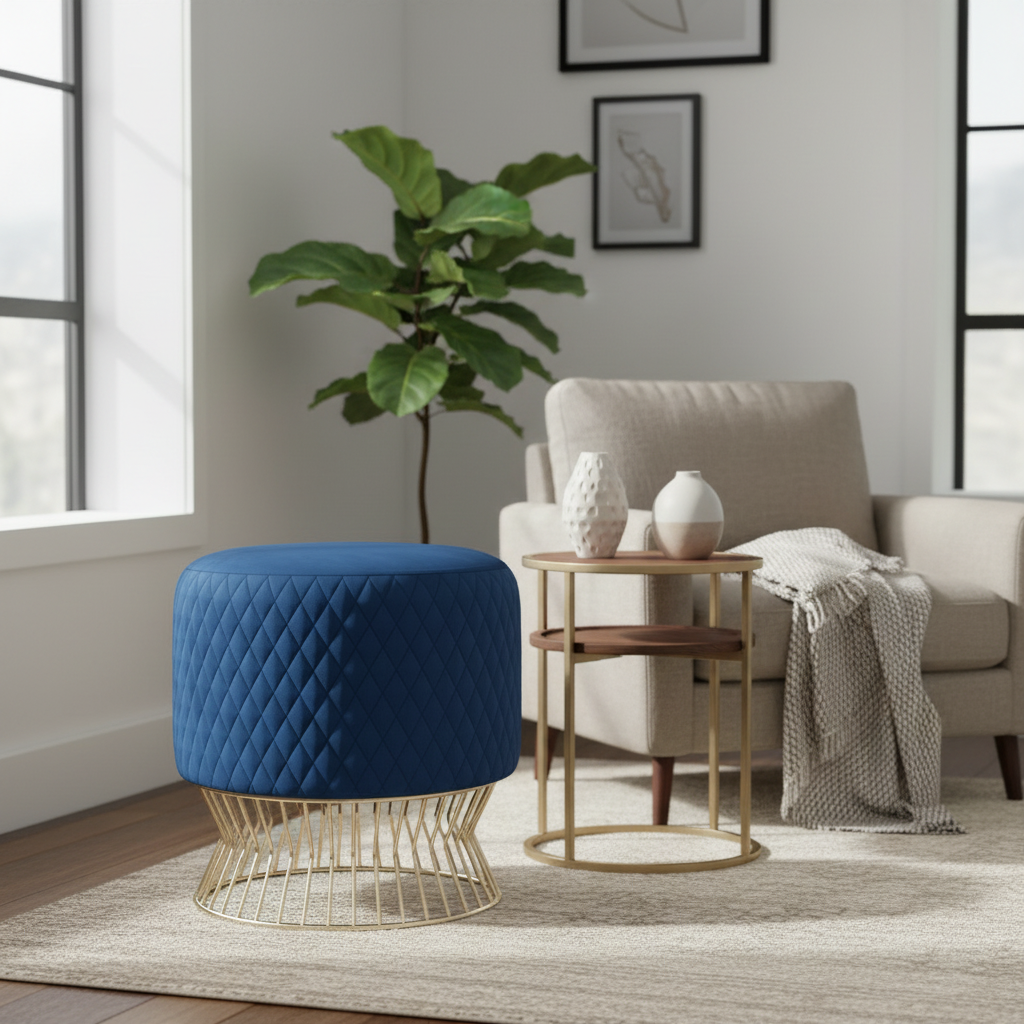 Blue ottoman in a living room with a beige armchair, side table, and plant.