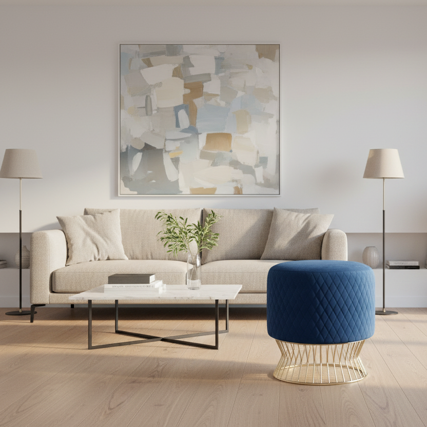 Modern living room with a beige sofa, blue ottoman, and abstract painting on the wall.
