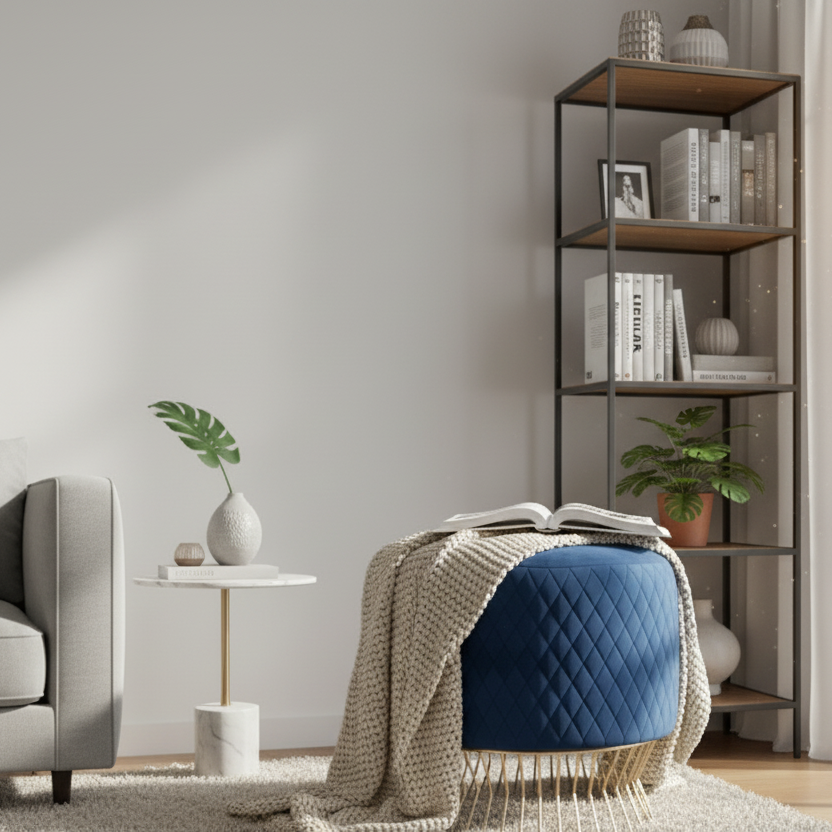 Modern living room with a blue ottoman, gray sofa, and bookshelf.