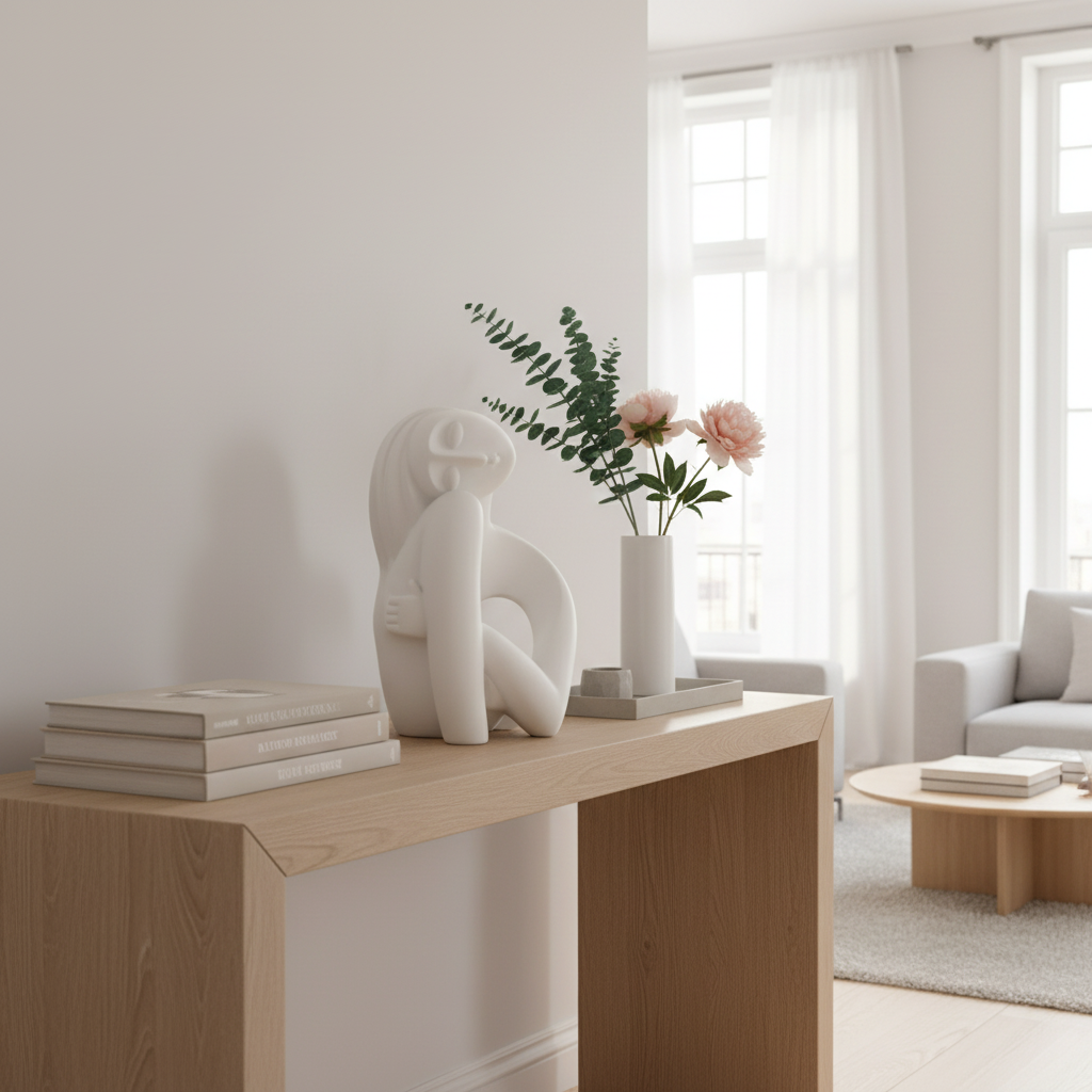 White abstract sculpture on a wooden shelf with decorative candles and plants against a gray wall.