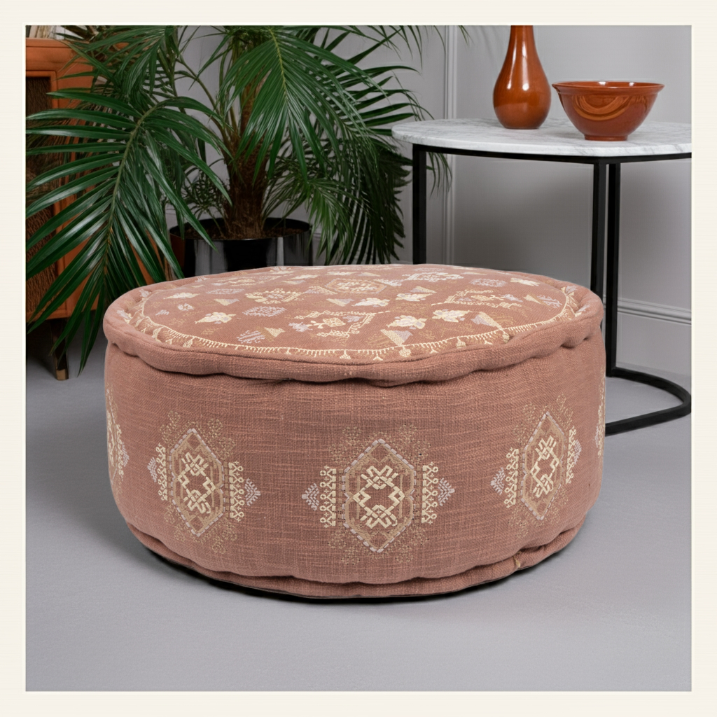 Terra Cotta Embroidered Moroccan Pouf