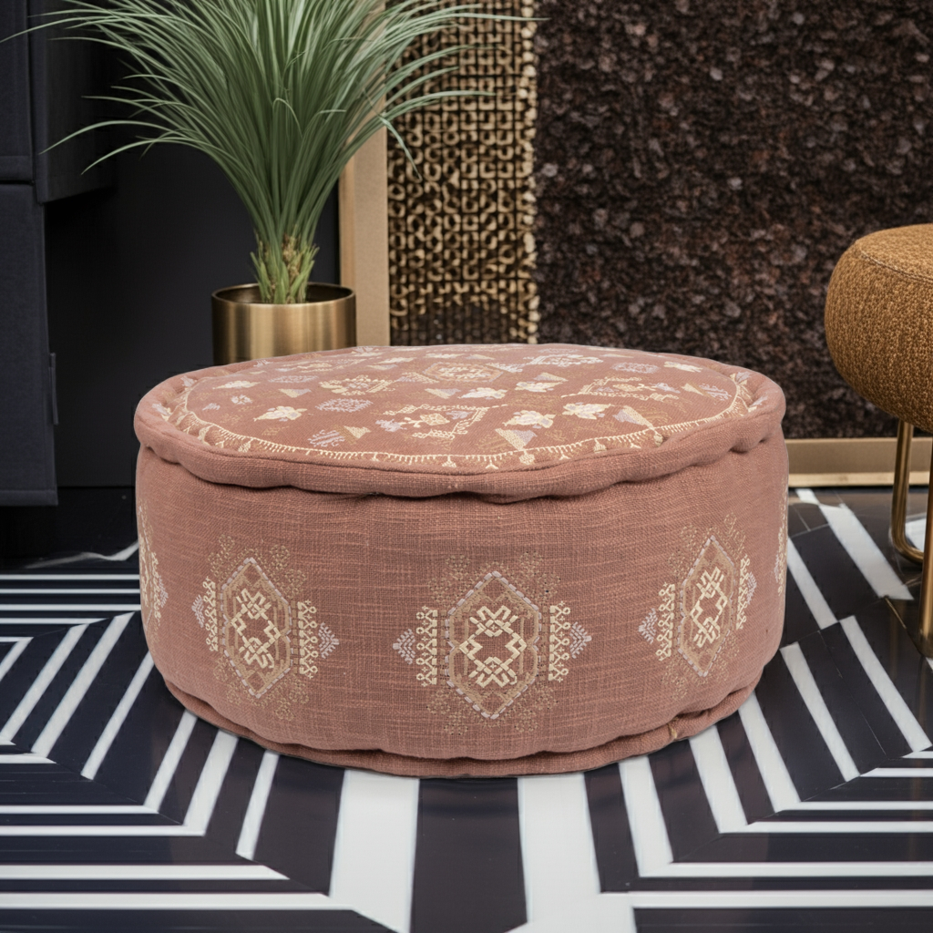 Terra Cotta Embroidered Moroccan Pouf