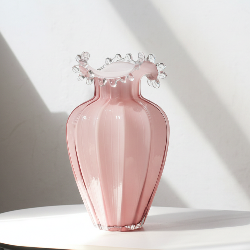 Pink glass vase with decorative top on a white platform