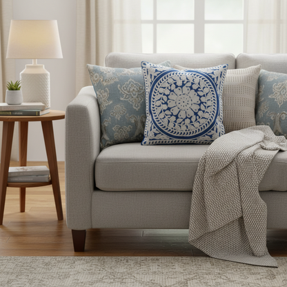 Gray sofa with decorative pillows and a blanket in a living room setting.