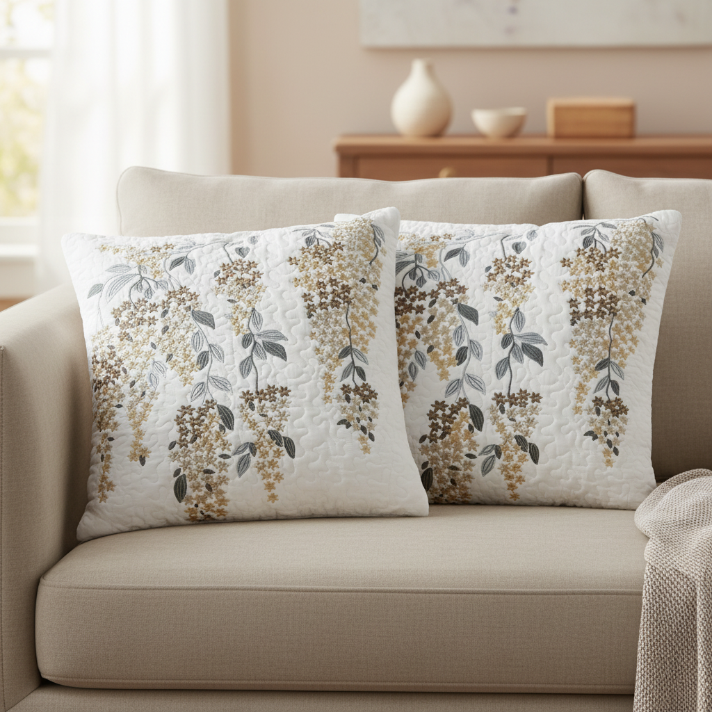 Decorative pillows with floral patterns on a beige sofa in a living room setting.