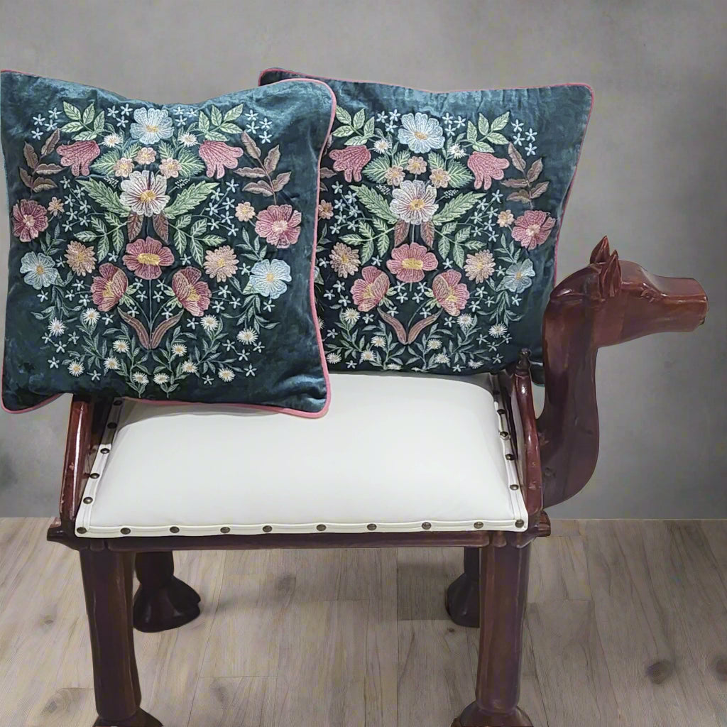 Opulent Bloom Embroidered Velvet Cushion Cover