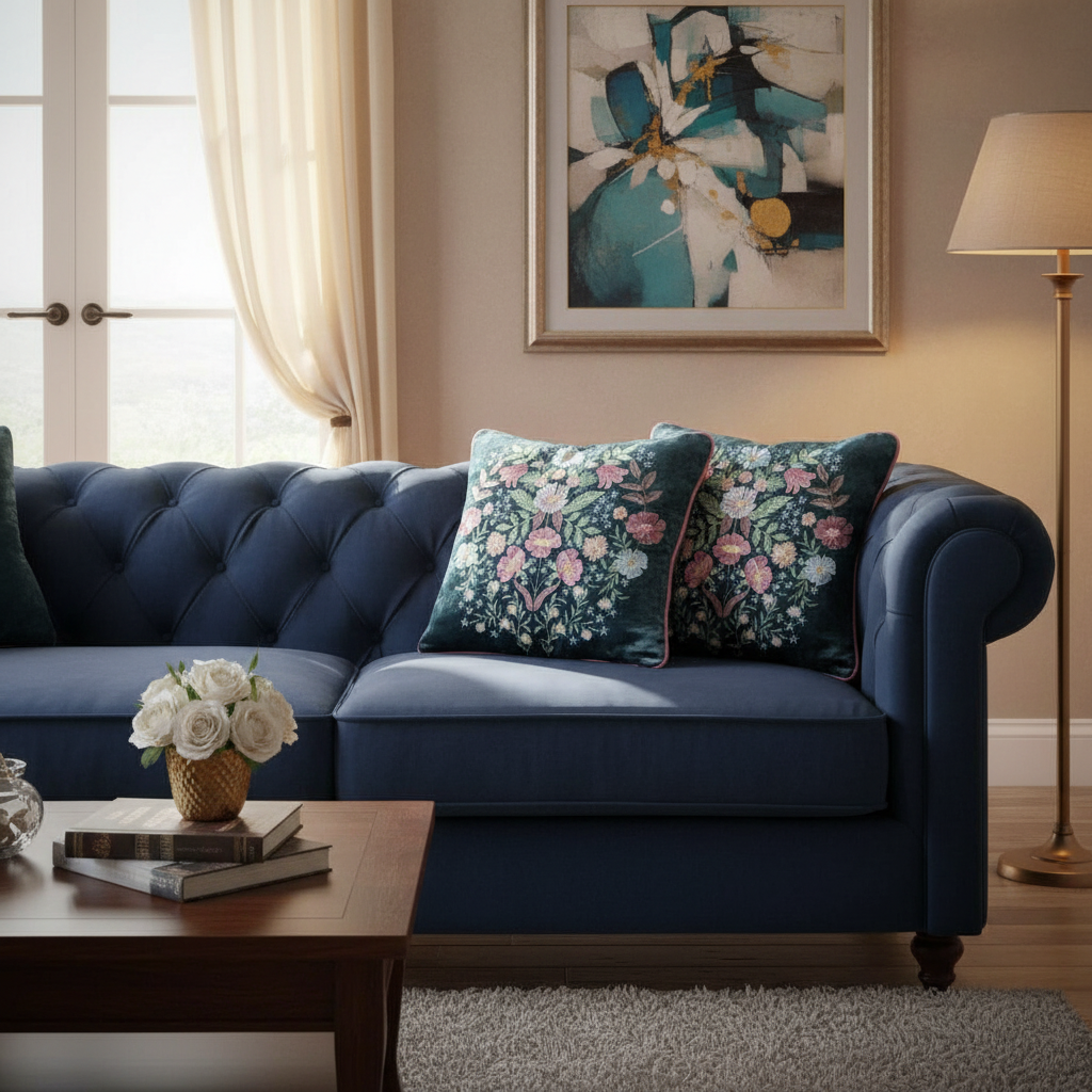 A navy blue tufted sofa in a styled living room, featuring two decorative floral throw pillows in teal, pink, and white. The room includes a wooden coffee table with a vase of white roses, a gray rug, a floor lamp, and a framed abstract painting on the wall.