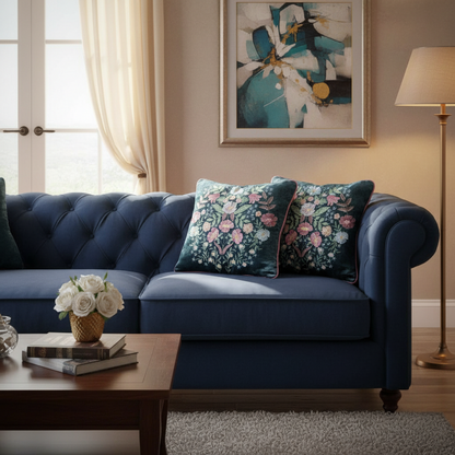 A navy blue tufted sofa in a styled living room, featuring two decorative floral throw pillows in teal, pink, and white. The room includes a wooden coffee table with a vase of white roses, a gray rug, a floor lamp, and a framed abstract painting on the wall.