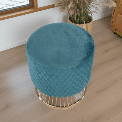 Glamorous Quilted Velvet Ottoman with Gold Base