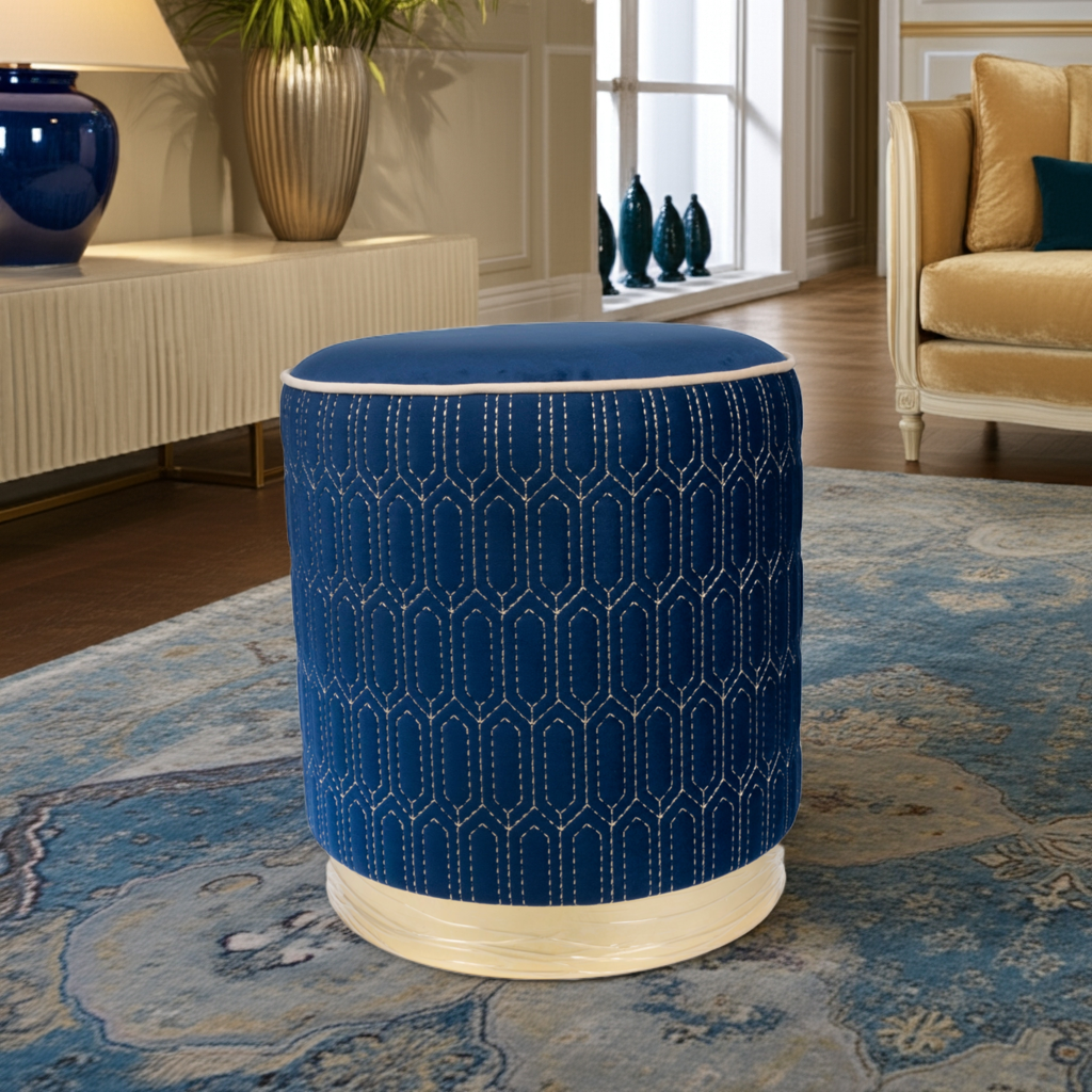 Geometric Stitched Velvet Ottoman in Navy