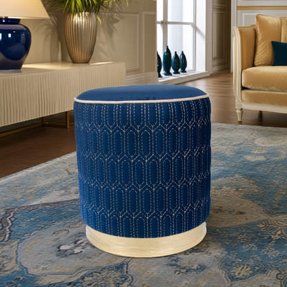 Geometric Stitched Velvet Ottoman in Navy