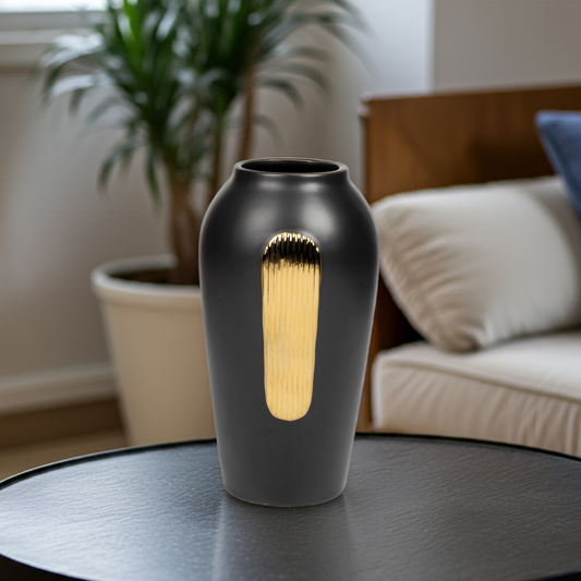 Obsidian Lumina: Classic Black Vase with Rectangular Gold Detail
