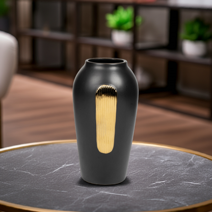 Obsidian Lumina: Classic Black Vase with Rectangular Gold Detail