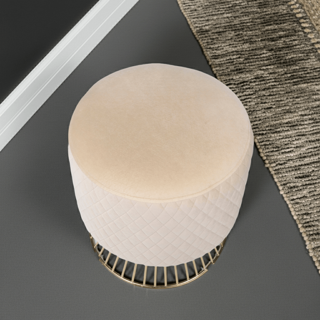 Elegant Beige Velvet Quilted Ottoman with Gold Wireframe Base