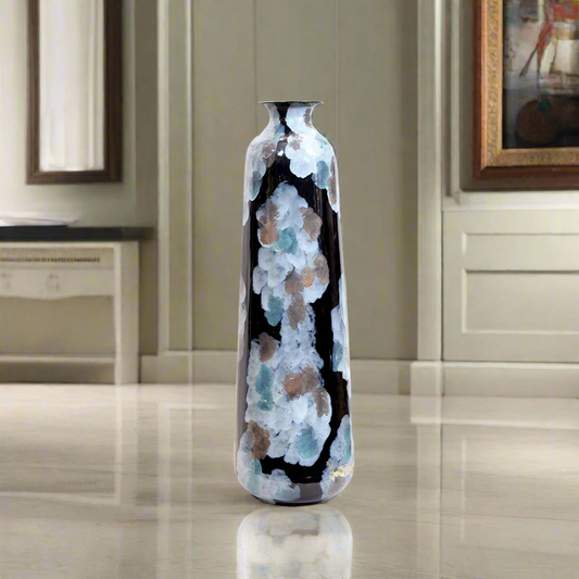 Ethereal Ascent: Tall Abstract Torpedo Floor Vase with Gold Leaf Accents