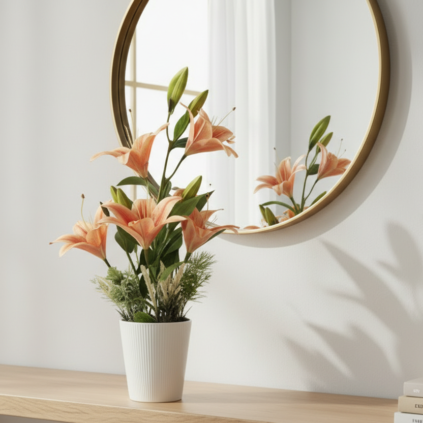 Potted plant on a wooden surface with a round mirror in the background