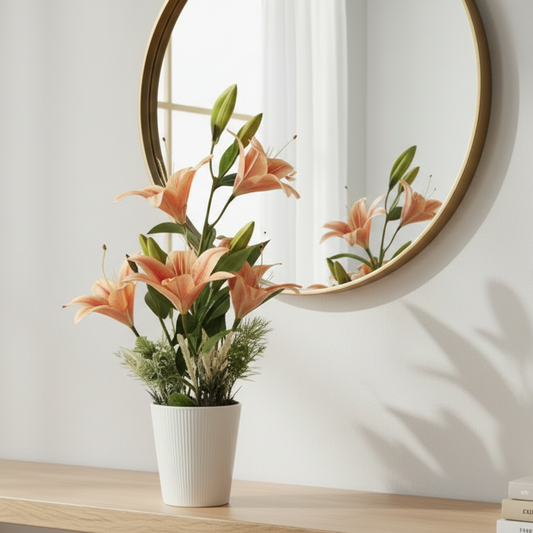Potted plant on a wooden surface with a round mirror in the background