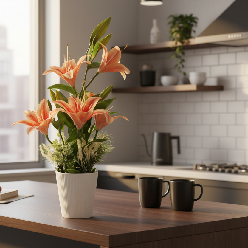 Kitchen counter with a vase of flowers, croissant, and coffee mugs.