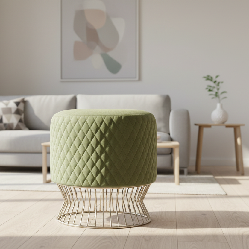 Green ottoman with quilted design in a living room setting