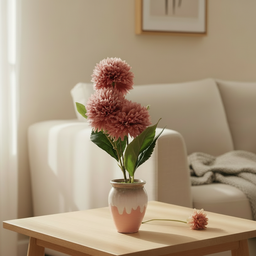 Floral arrangement in a vase on a coffee table with a beige sofa and light-colored walls in the background.