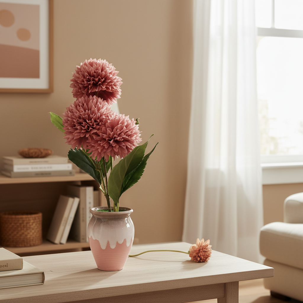 Pink flowers in a vase on a wooden table with a cozy room background