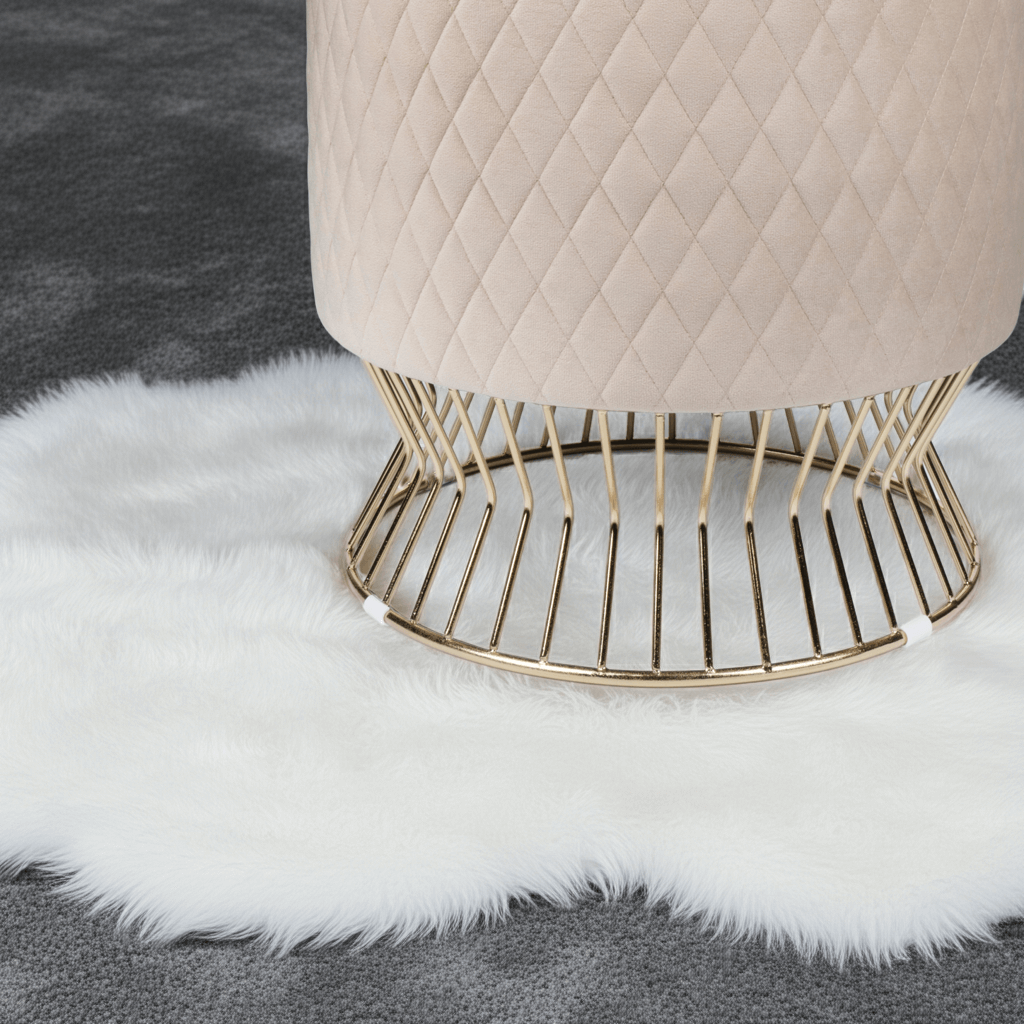 Elegant Beige Velvet Quilted Ottoman with Gold Wireframe Base