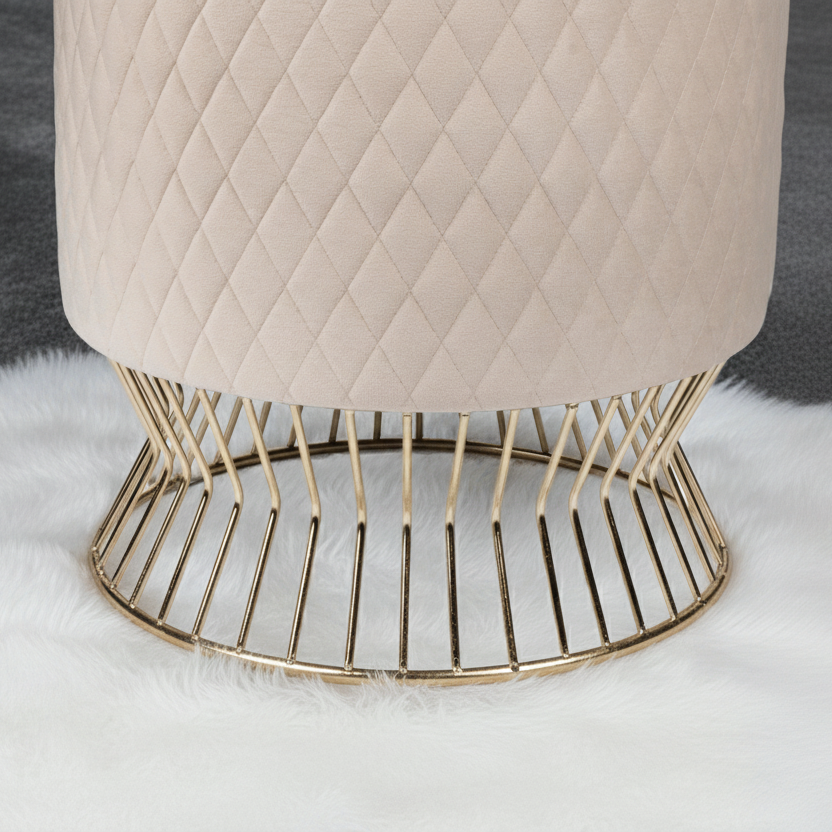 Elegant Beige Velvet Quilted Ottoman with Gold Wireframe Base