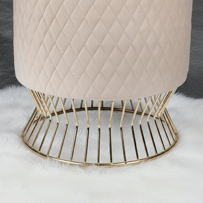 Elegant Beige Velvet Quilted Ottoman with Gold Wireframe Base