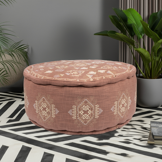 Terra Cotta Embroidered Moroccan Pouf