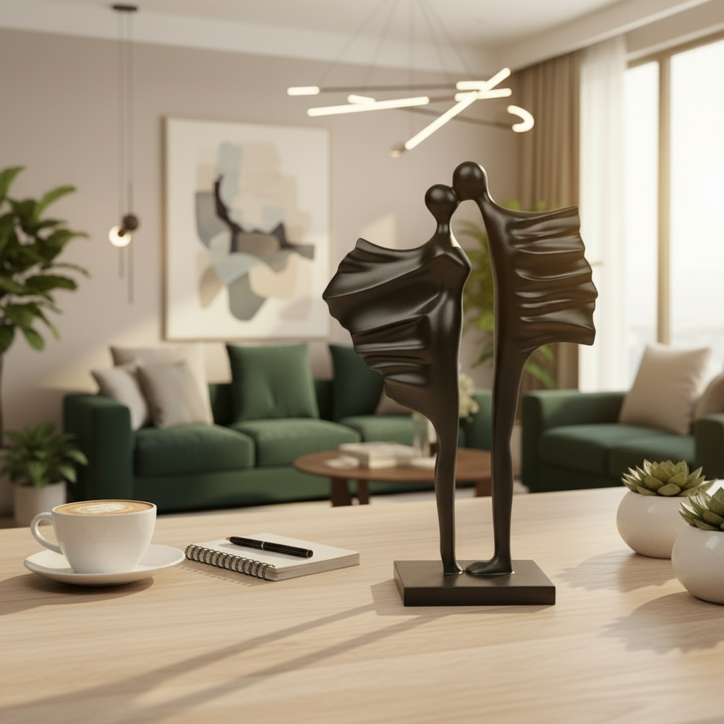 Decorative sculpture of two people embracing on a table in a modern living room.