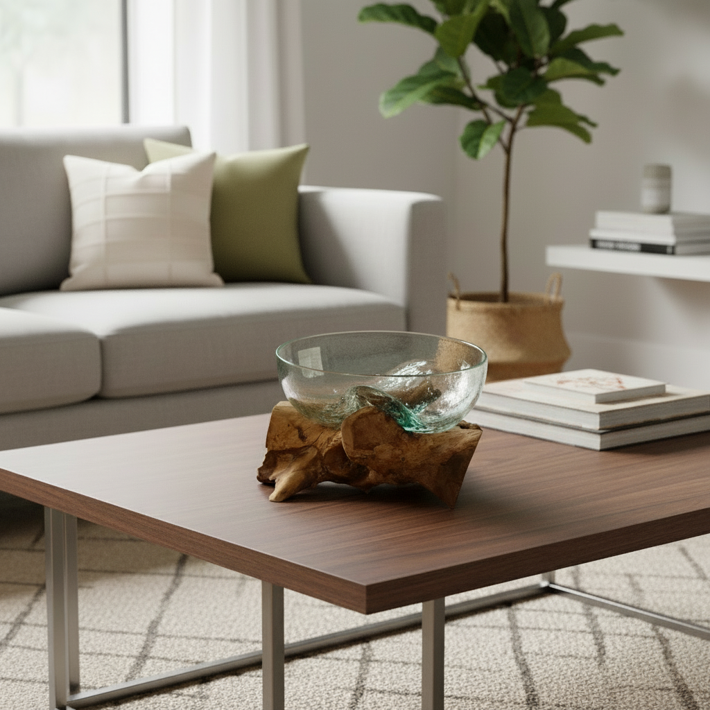 Living room with a wooden coffee table, glass bowl, and books.