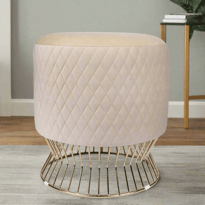 Elegant Beige Velvet Quilted Ottoman with Gold Wireframe Base