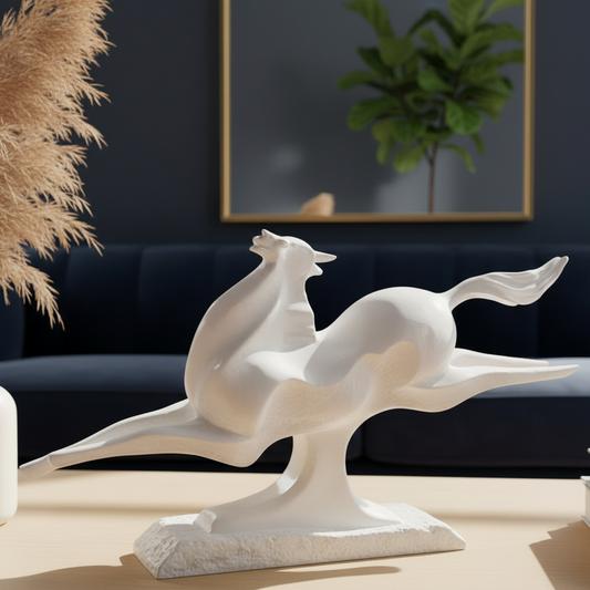 White horse sculpture on a table with a dark blue sofa and plant in the background