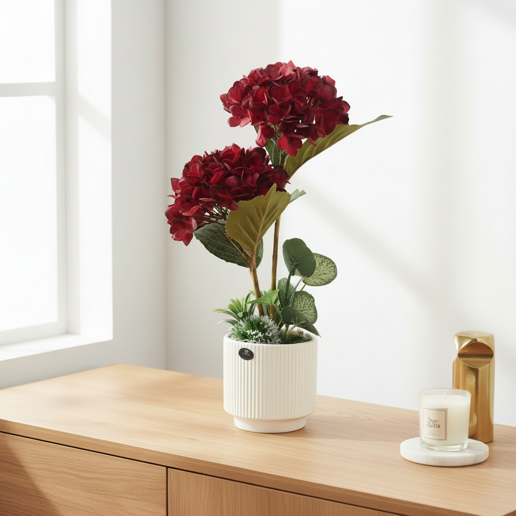 Potted plant with red flowers on a wooden surface next to a candle