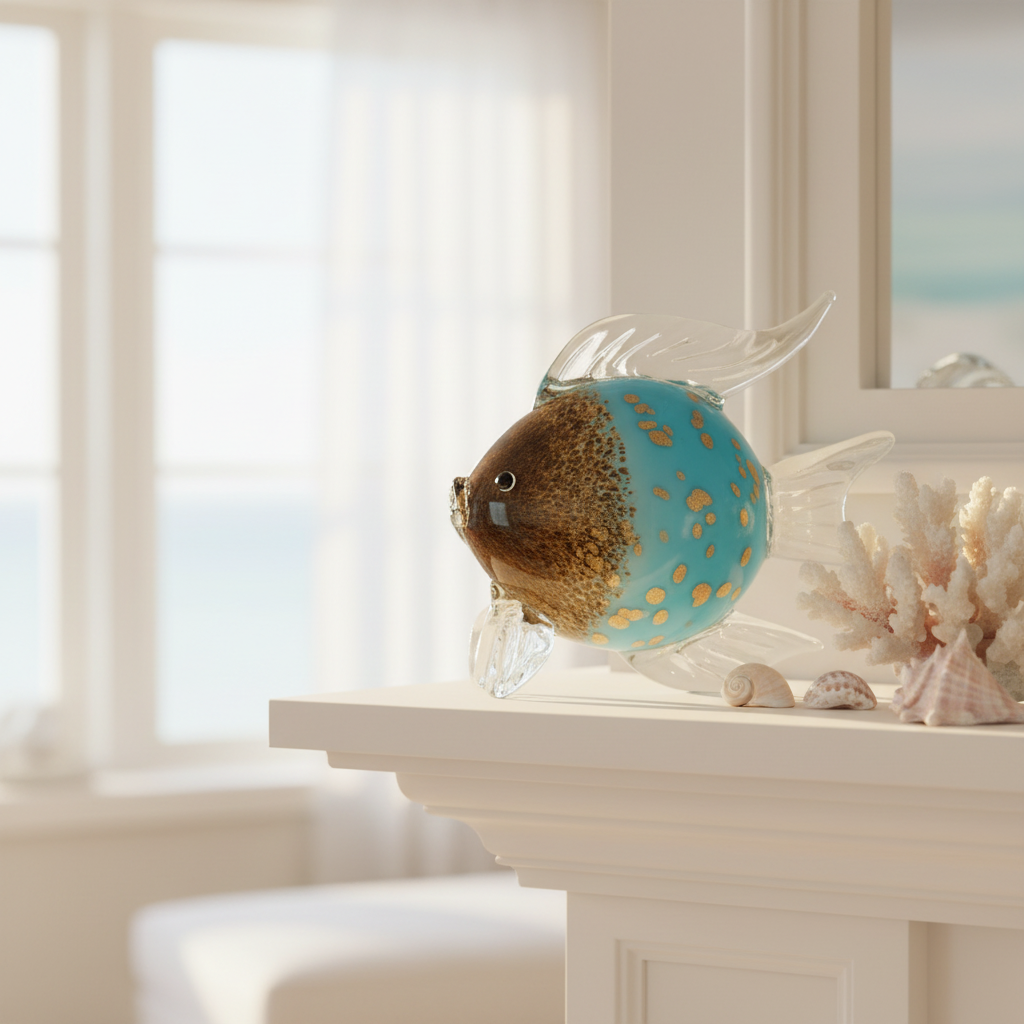 Decorative fish sculpture on a mantelpiece with a blurred window background