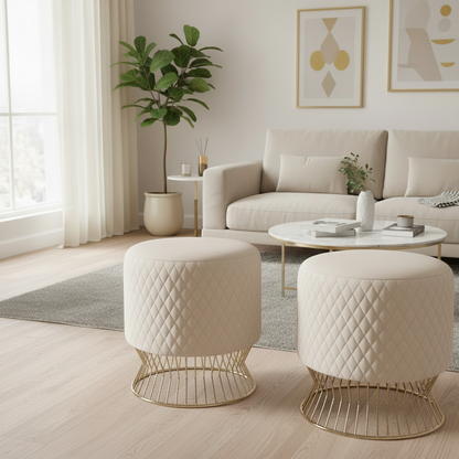 Elegant Beige Velvet Quilted Ottoman with Gold Wireframe Base