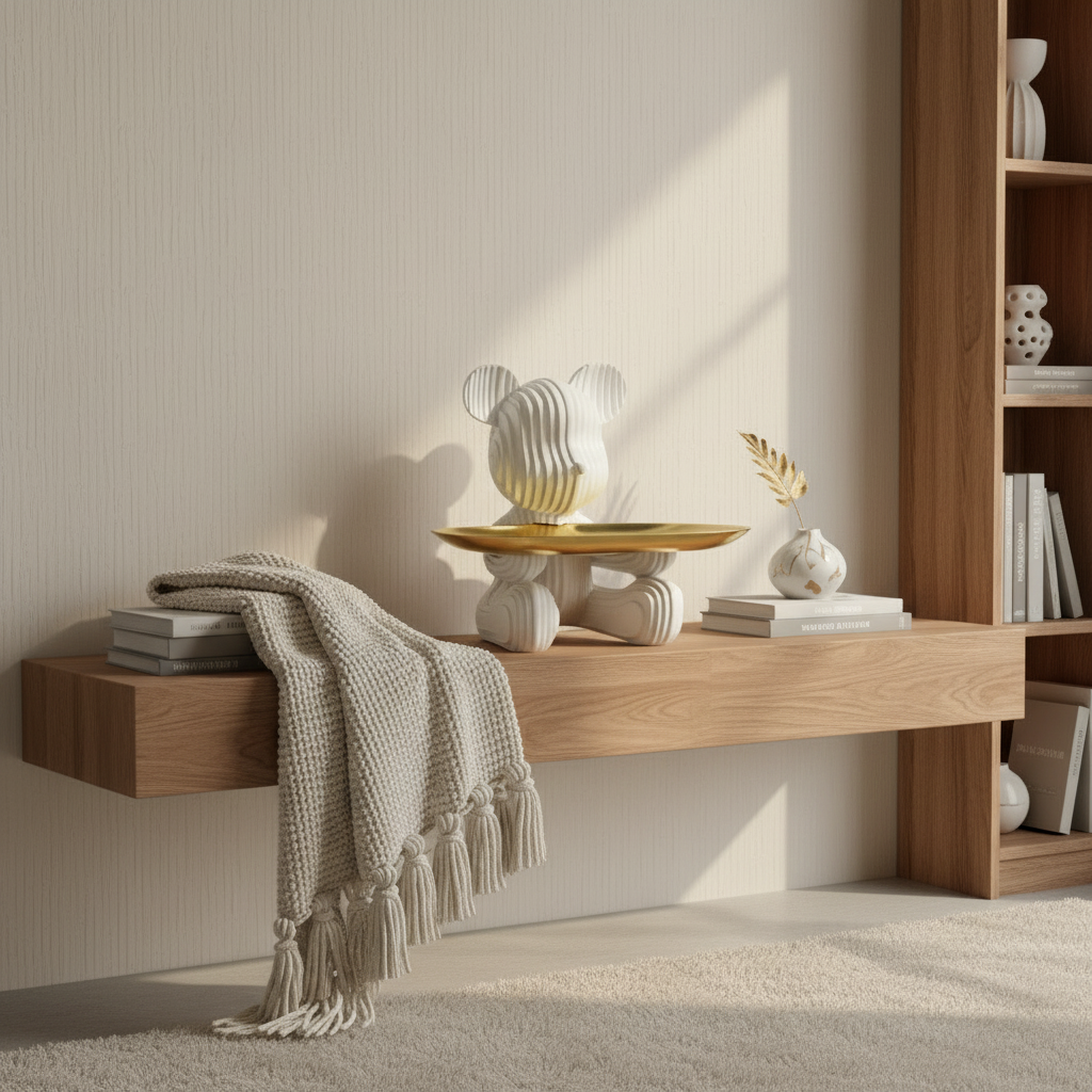 Wooden shelf with decorative items and a blanket against a neutral wall.