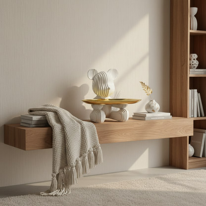 Wooden shelf with decorative items and a blanket against a neutral wall.