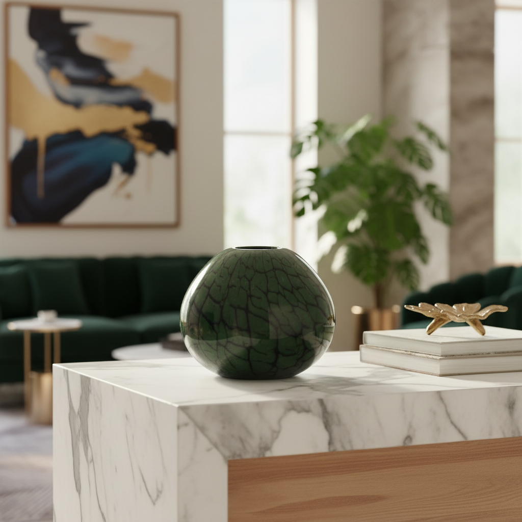 Green ceramic vase on a marble surface with a blurred living room background