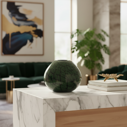 Green ceramic vase on a marble surface with a blurred living room background