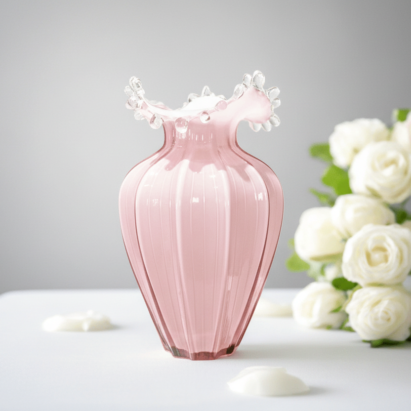 Pink vase with decorative elements on a gray background with white flowers.