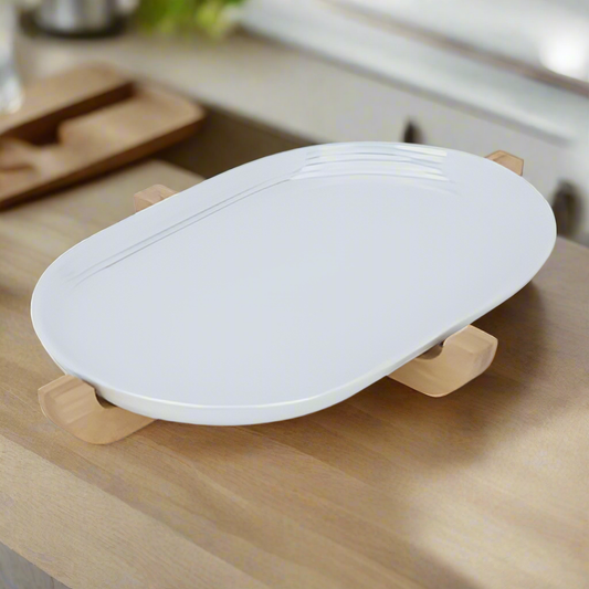 Organic Modern: Oval Ceramic Serving Platter with Wooden Base