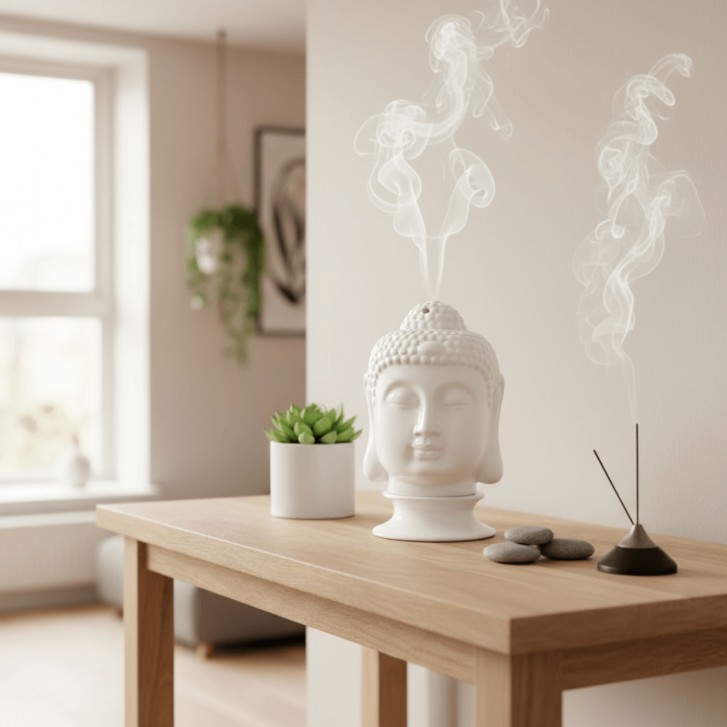 White Buddha head diffuser on a wooden table with incense and a plant, in a room setting.