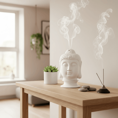 White Buddha head diffuser on a wooden table with incense and a plant, in a room setting.